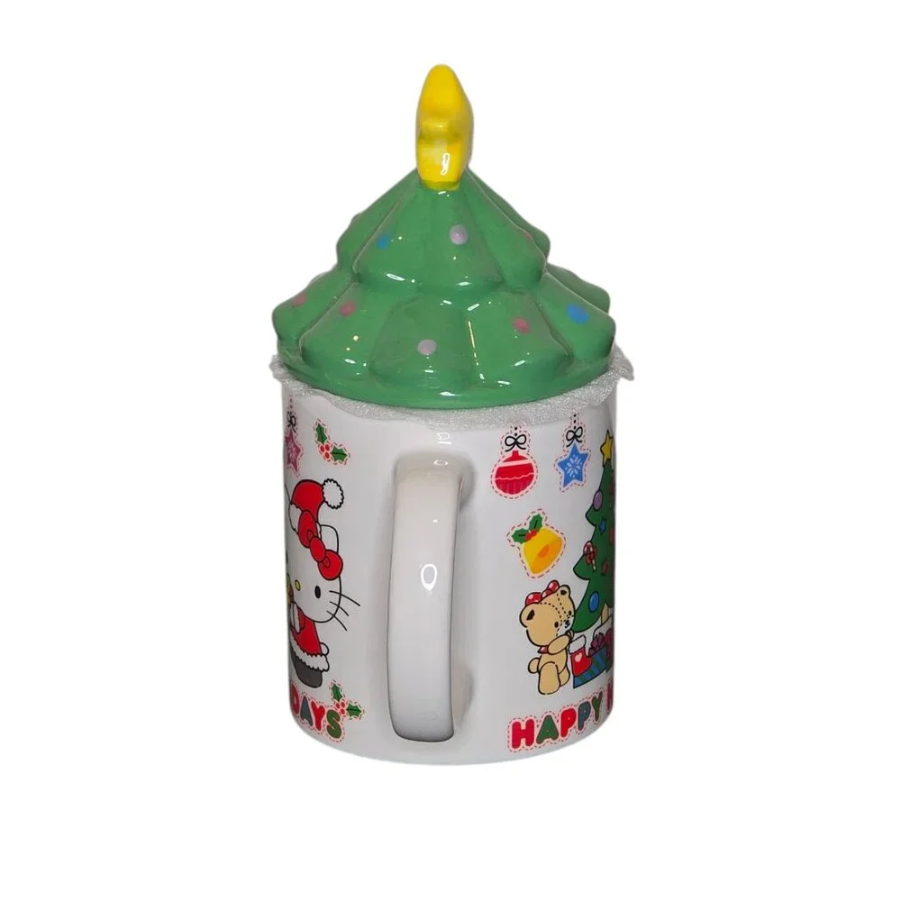 Hello Kitty Christmas Mug Tree Lid Happy Holidays Sanrio Ceramic Cup Kawaii